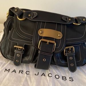 MARC JACOBS BLACK GOAT LEATHER SATCHEL SHOULDER BAG.